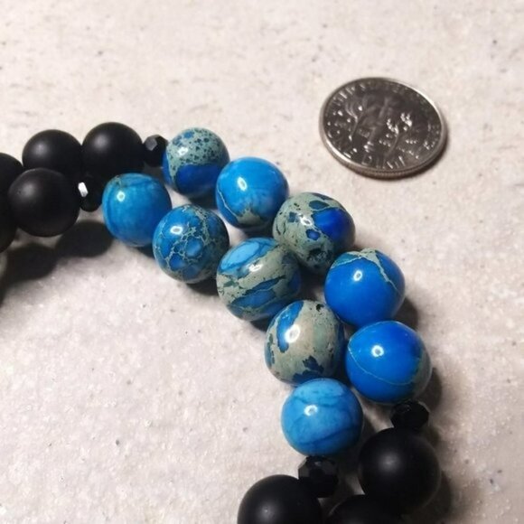 His & Hers Bracelet Set! Couples + Partners! Blue Sea Sediment Jasper 6.75" + 8" - Picture 6 of 8